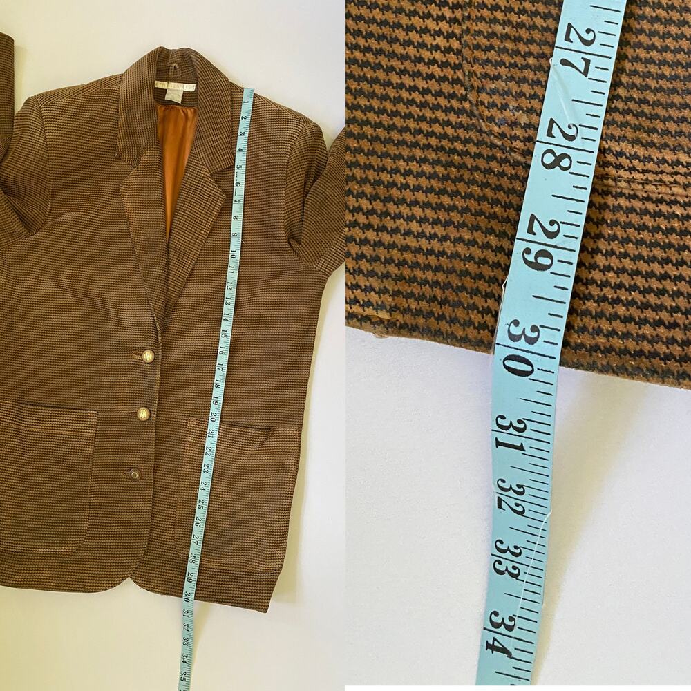 80s Leather Blazer Size Small Vintage Brown Houndstooth Boxy Oversized Career - Picture 10 of 17